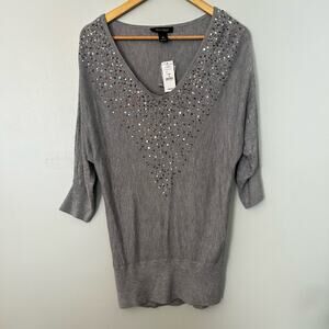 White House Black Market V-Neck Light Grey Sequin batwing Sweater 3/4 sleeve  M